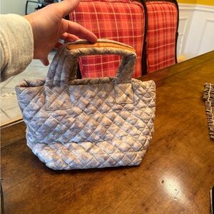 MZ Wallace Quilted Mini Tote in Light Gray patterned with Tan Handle Accent
